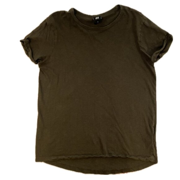 H&M Olive Green Roll Cuff T-shirt - Size Medium - Picture 1 of 5